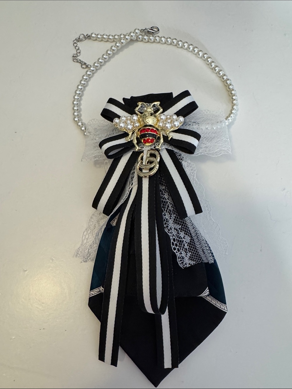 Pearl & Ribbon Statement Necklace Tie Necklace - Picture 4 of 4